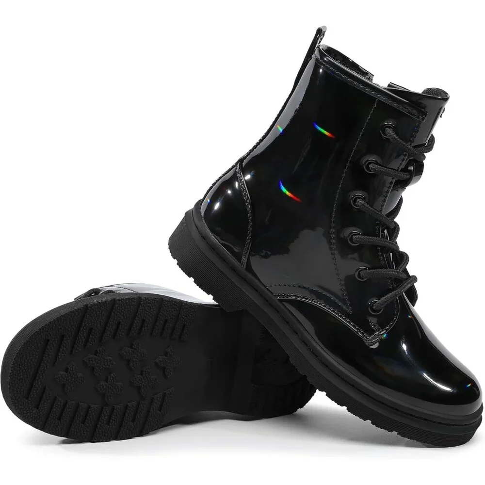 Girls Black Rubber Ankle Side Zipper Lace Up Stylish Comfort Glitter‎ Boots